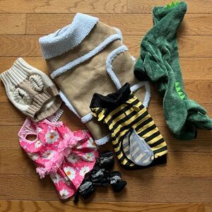 Assorted Pet Costumes, Swimsuits and Sweaters and booties